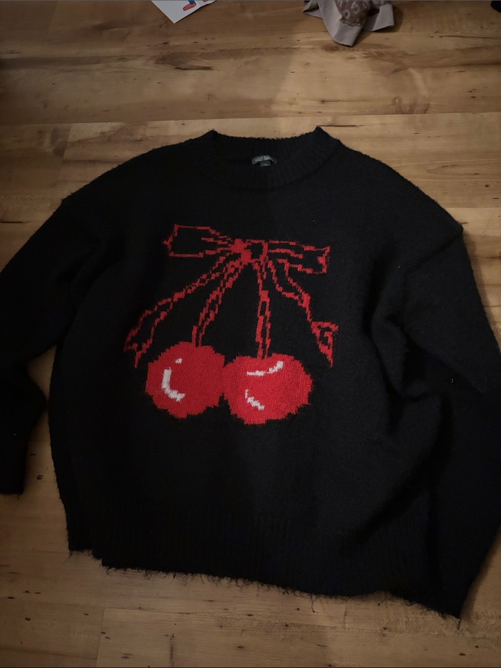 wild fable Black Crewneck Sweater with Red Cherry Graphic